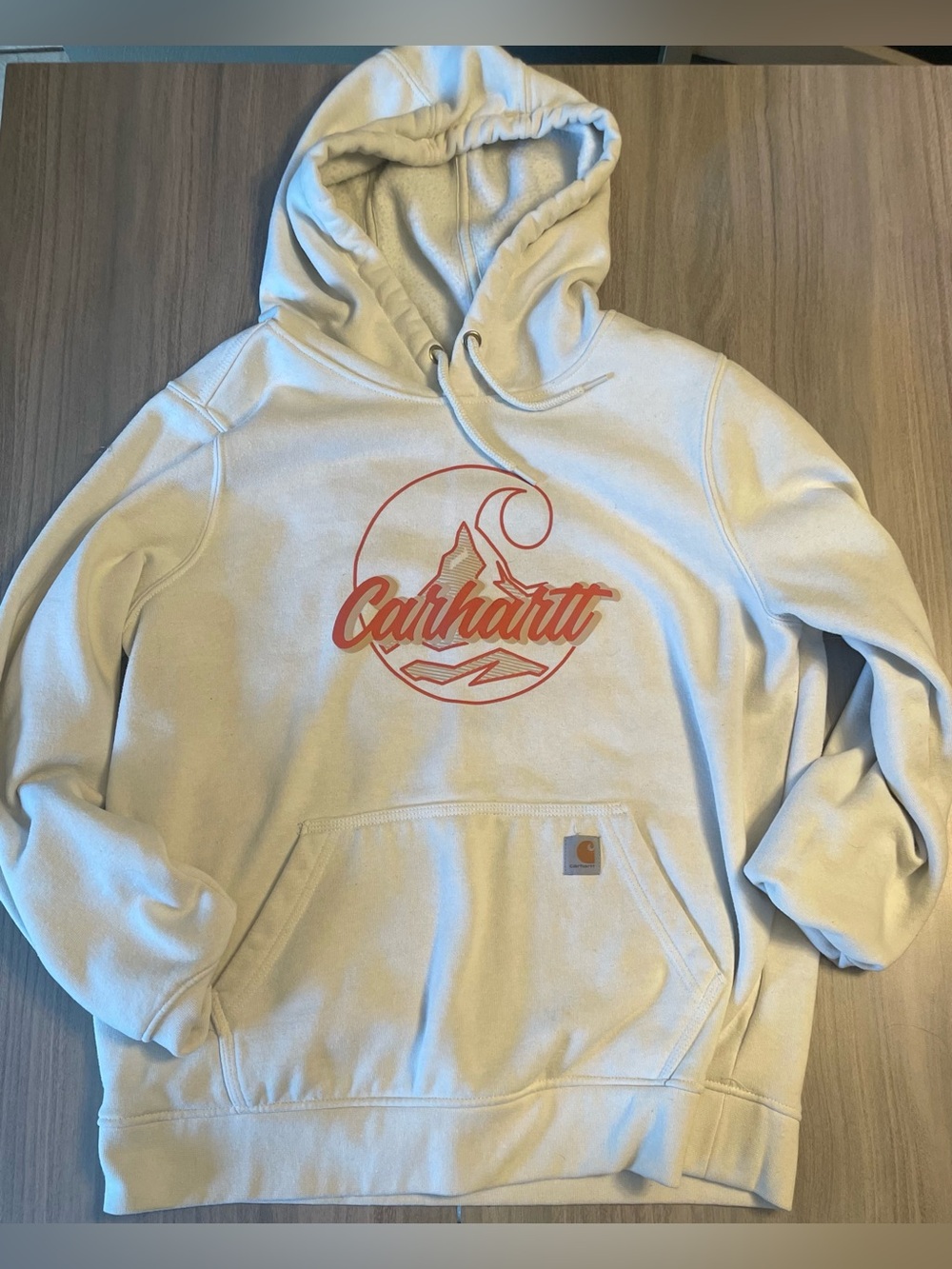 Carhartt Women’s Large Cream Graphic Hoodie Mountain Logo Sweatshirt Size 12-14